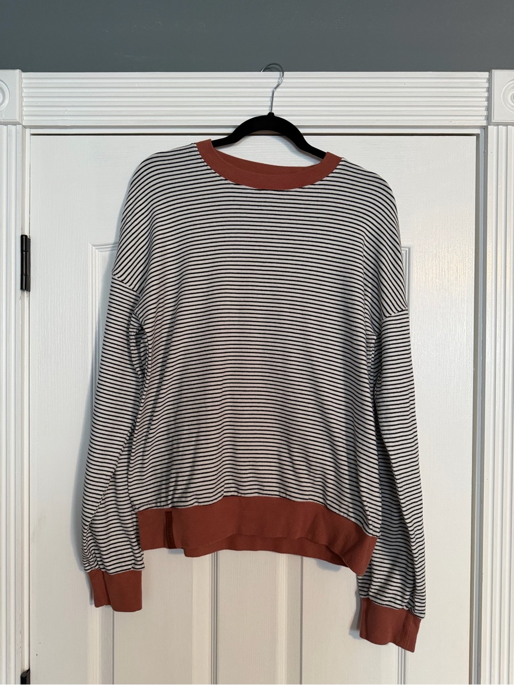 AMPERSAND AVE Black & White Striped Crewneck with Rust Trim
